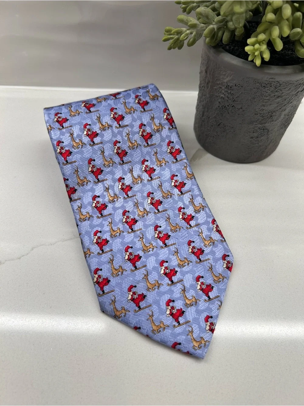Ermenegildo Zegna 100% Silk Santa Reindeer Christmas Tie Blue Novelty 57” #463